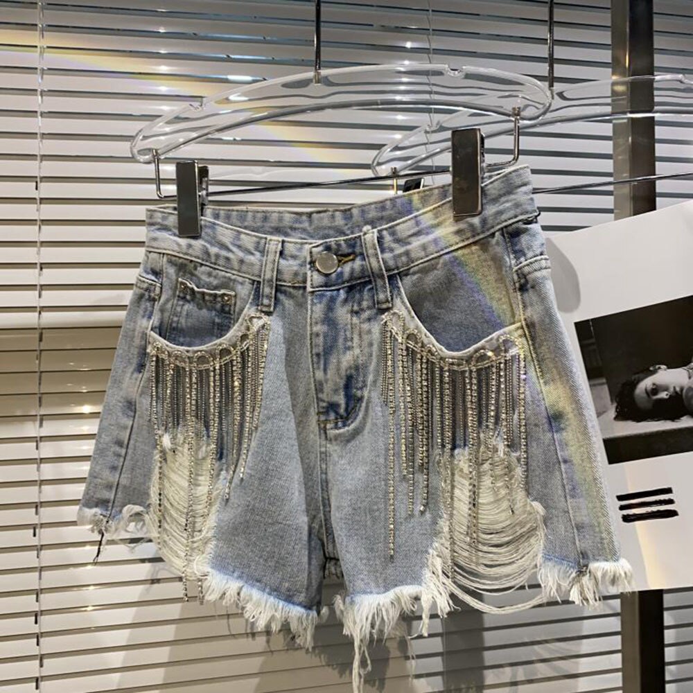 2022 Sexy Chains Tassel Summer New Arrival Versatile Fashionable Solid Color Hollow Out Women Temperament Denim Shorts